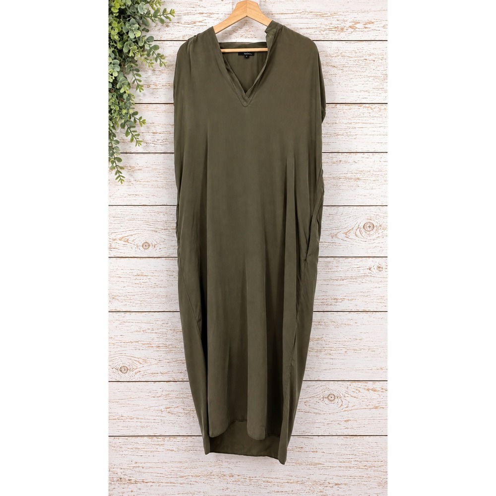 Toupy Paris Silk Maxi Dress Womens Large Olive Green V-Neck Cap Sleeve France